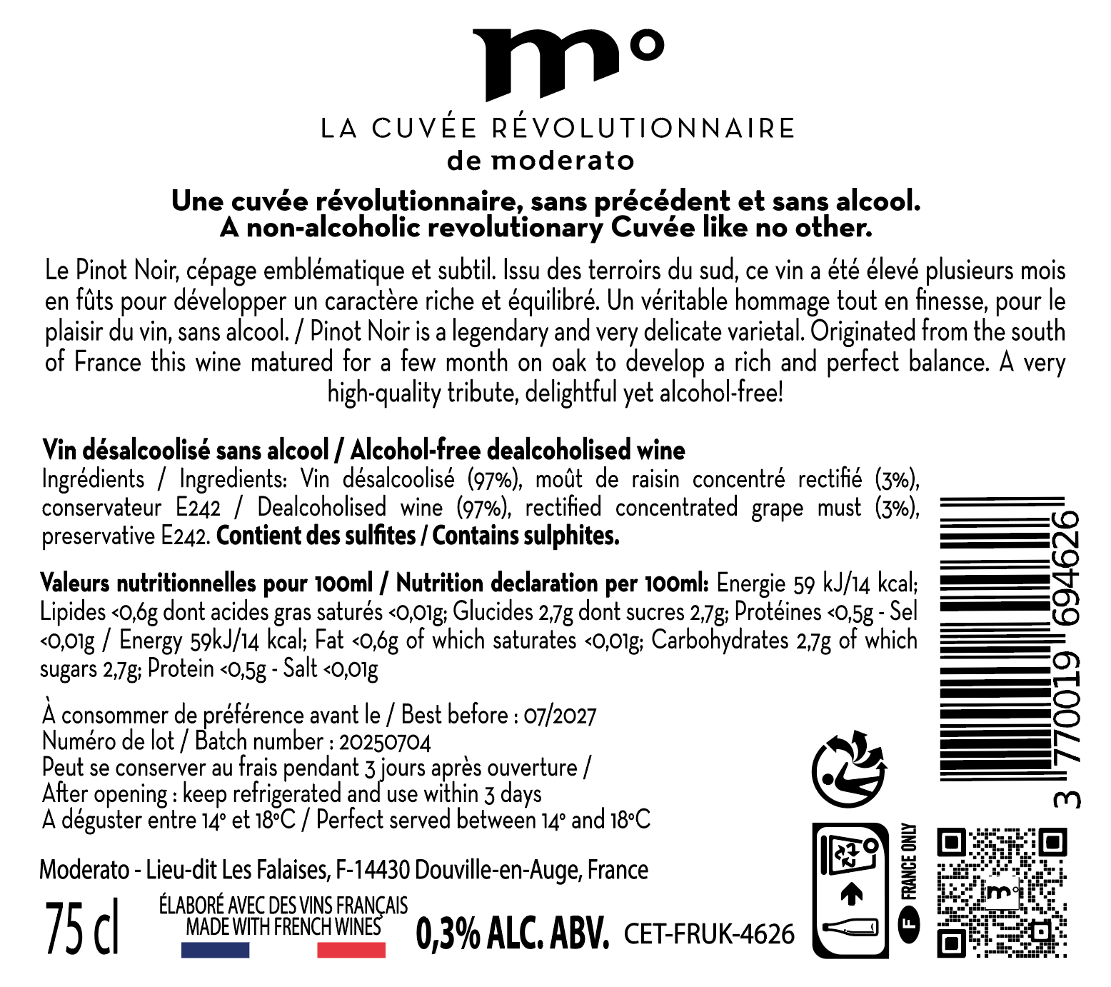 Vin Rouge sans alcool Pinot Noir - Cuvée Révolutionnaire Edition Limitée